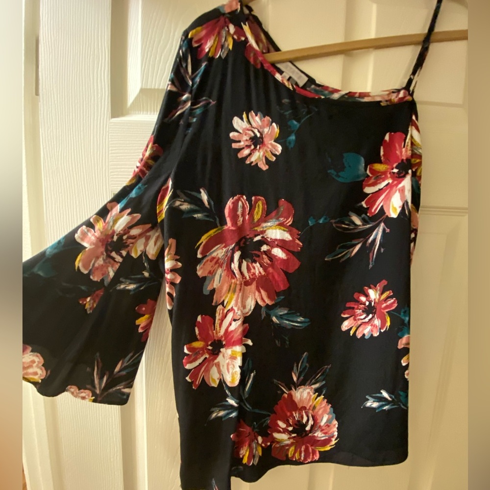 One Shoulder Navy Floral Blouse with Spaghetti Strap